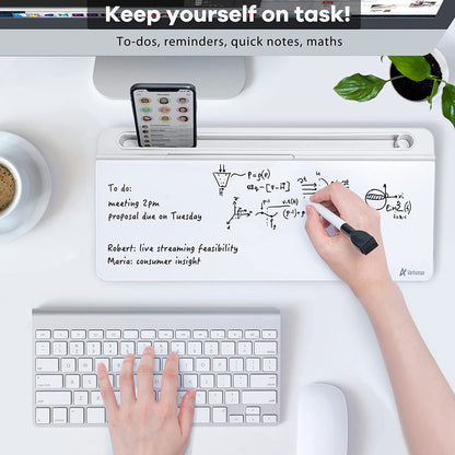 Desk Whiteboard Dry Erase Glass Whiteboard, Desktop White Board with Storage To-Do List Memo Notepad Desktop Buddy Keyboard Stand for Home Office and School Accessories Supplies (White)