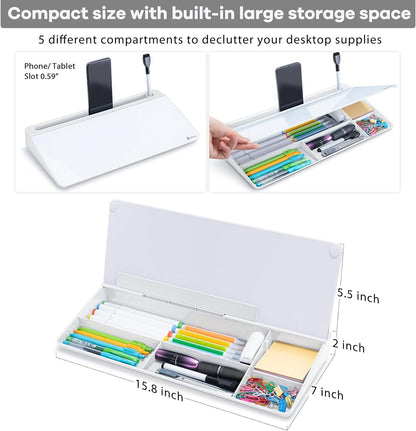 Desk Whiteboard Dry Erase Glass Whiteboard, Desktop White Board with Storage To-Do List Memo Notepad Desktop Buddy Keyboard Stand for Home Office and School Accessories Supplies (White)
